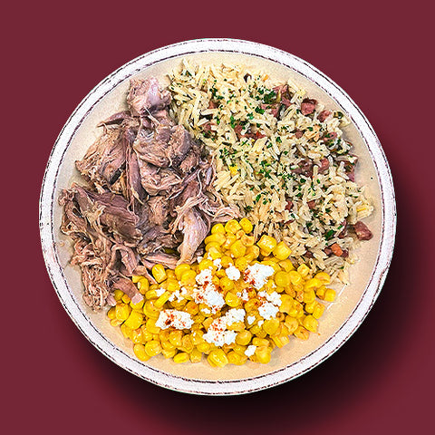 Pulled Pork with Carreteiro Rice and Mexican Corn