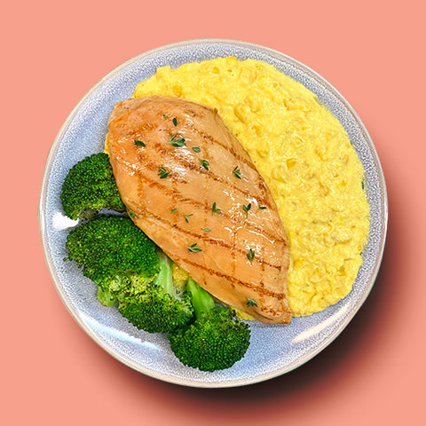 Grilled Chicken Breast with Creamy Toasted Corn and Roasted Broccoli