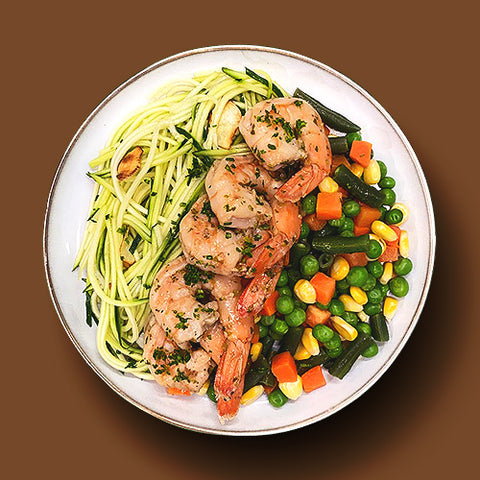 Garlic & Wine Shrimp with Zoodles and Veggies Medley
