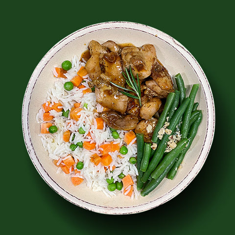 Beijin Orange Thigh with Stir-fry Rice Medley and Green Beans with Walnuts