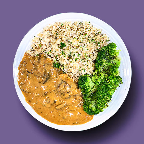 Vegan Mushroom Stroganoff with Brown Rice and Broccoli