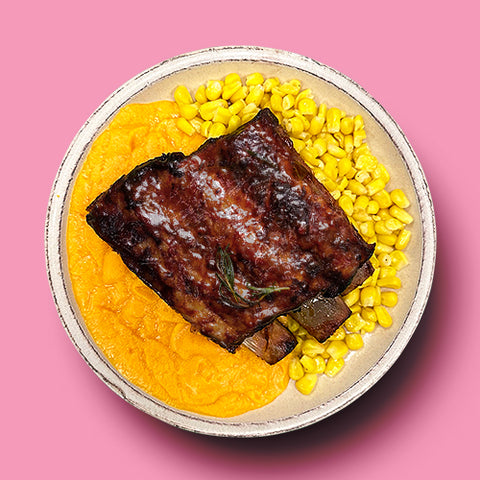 BBQ Ribs with Sweet Potato Mashed and Corn
