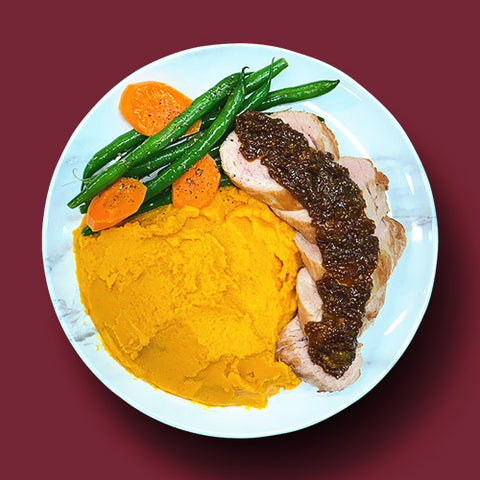 Pork Tenderloin Fig and Apricot with Sweet Potato Mash and Fresh Green Beans with Carrots