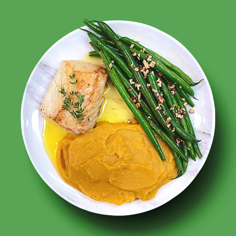 Bacalao with Plantain Puree and Green Beans with Walnuts