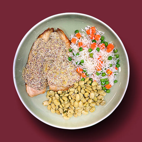 Mustard Baked Whitefish with Stir-fry Rice Medley and Citrus-Cilantro Baby Lime Bean