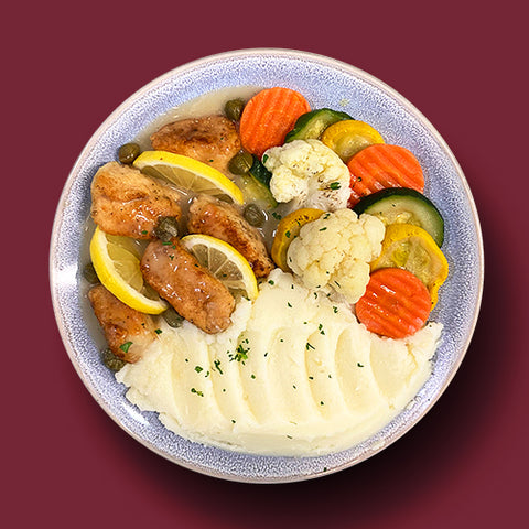 Sicilian Chicken Piccata with Mashed Potato and Summer Blend Roasted Veggies