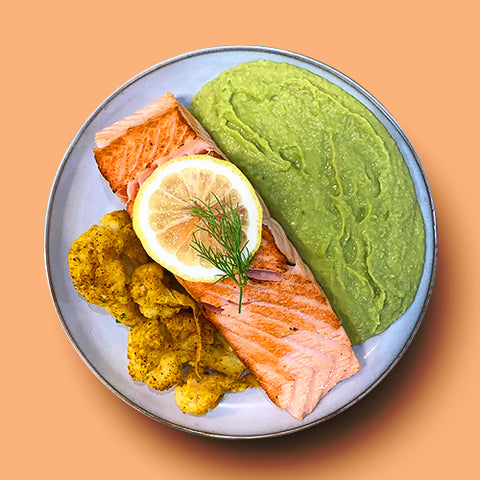 Dill & Lemon-grilled Salmon with Pea & Wasabi Puree and Curry Cauliflower